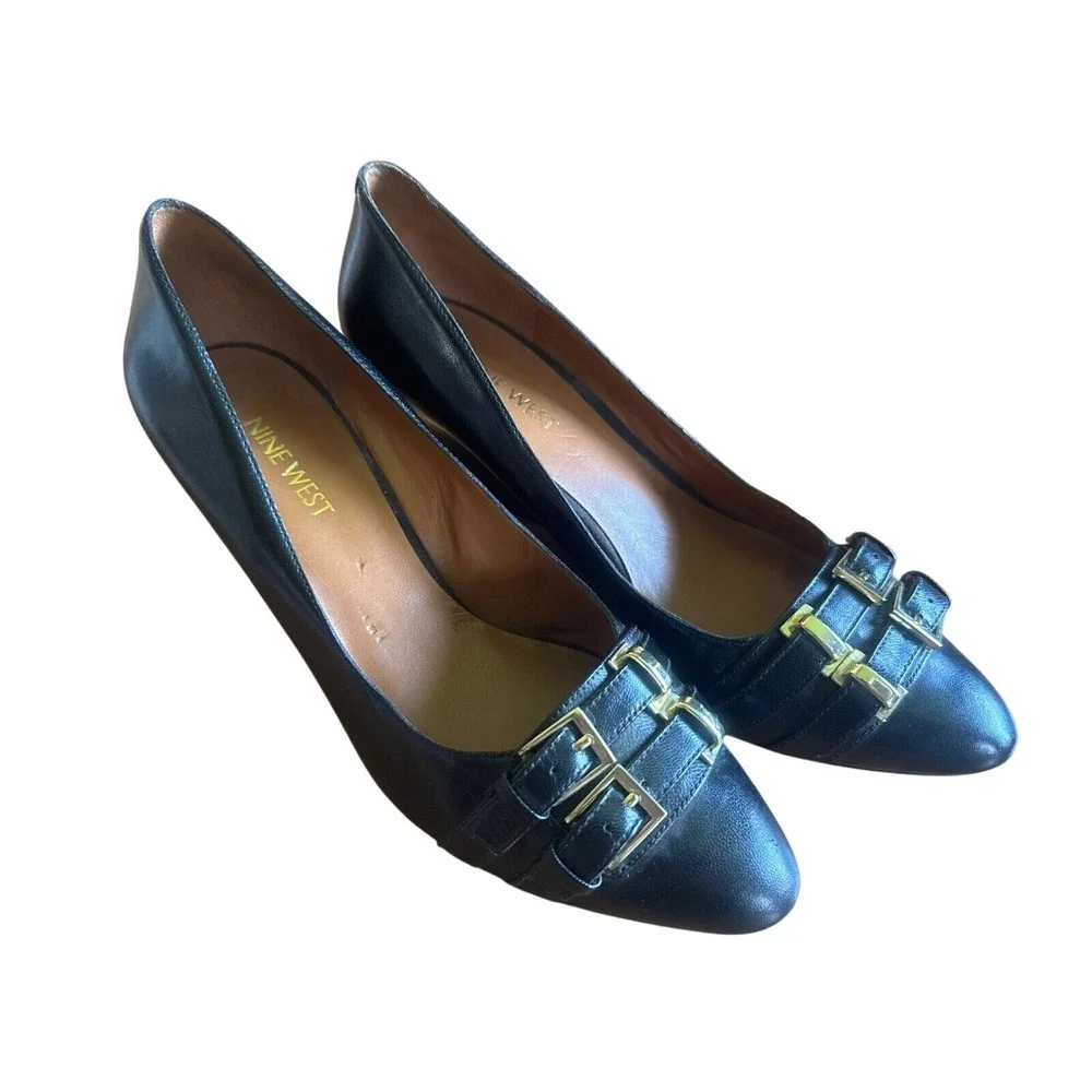 Nine West Black Leather Double Buckle Wedge‎ Pumps Pointed Toe FSD 0913 Shoes